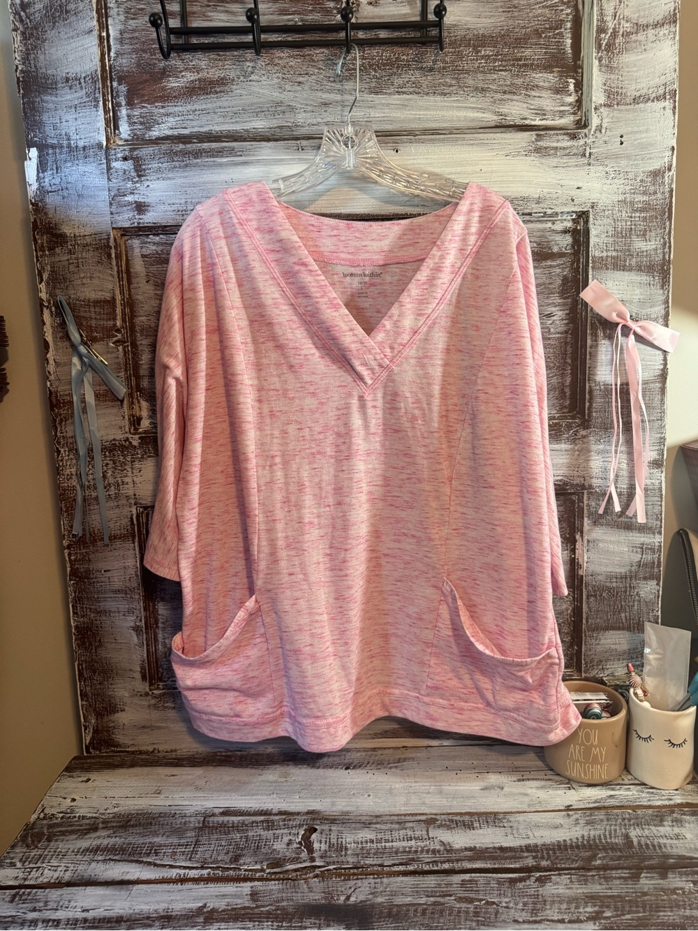 Woman Within Pink Heathered V-Neck Pocket Tunic